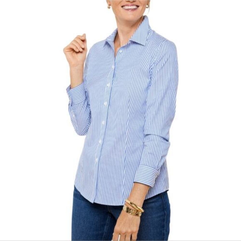 Talbots Blue & White Striped Women's Button-Up Shirt Pearl Button Size‎ 2